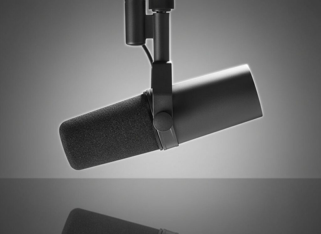 Microfone Shure SM7B - cena hero gerada por IA a partir da foto oficial