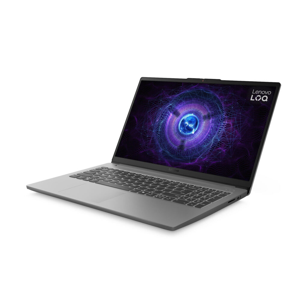 Notebook Gamer Lenovo LOQ Intel Core i5-12450H 16GB em foto oficial do fabricante, angulo 3