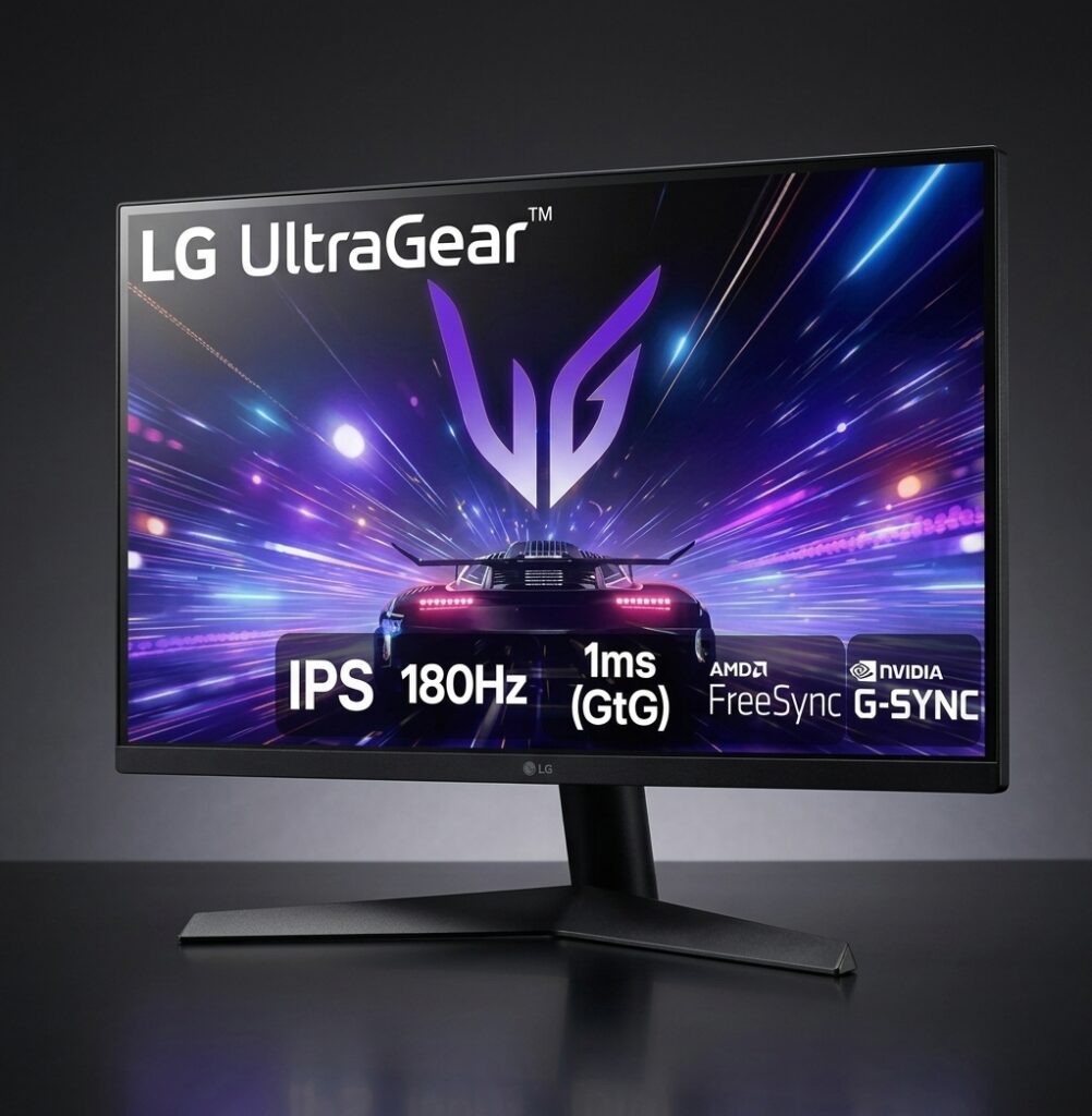 LG Monitor Gamer UltraGear 27” IPS 180Hz 1ms NVIDIA G-SYNC - cena hero gerada por IA a partir da foto oficial